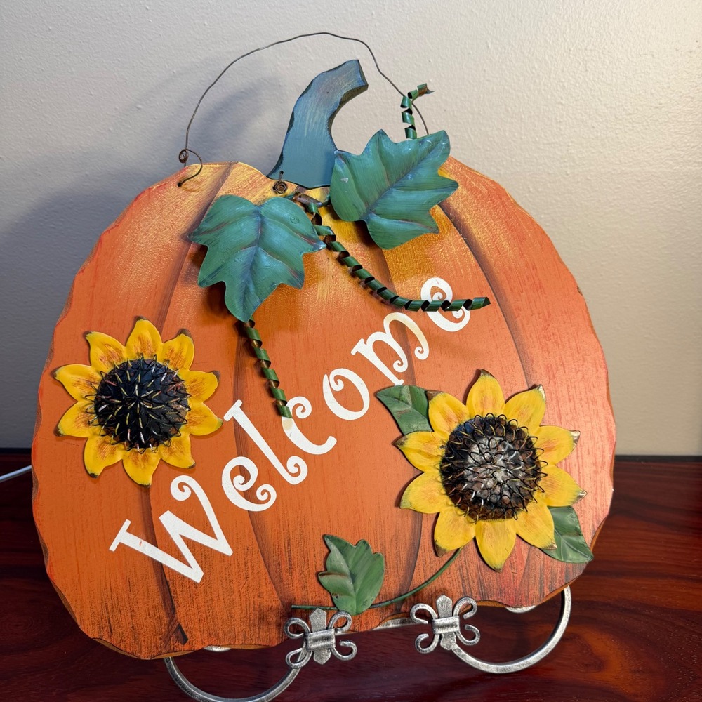 Wooden Pumpkin Welcome Sign Fall Harvest Decor Metal Sunflowers Wall Hanging